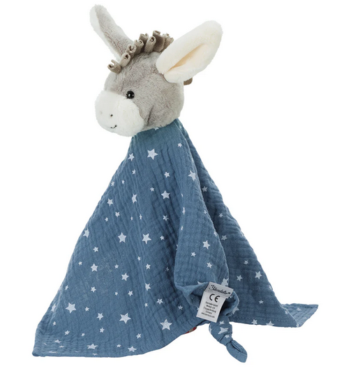 Schmusetuch mit Name Esel Emmi in Mittelblau, 36 cm Supersoftes Musselin Schnuffeltuch Esel mit Knotendetails, Sterntaler