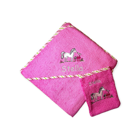 Kapuzenhandtuch 100x100 cm und Waschlappen Set mit Name und Motiv, Geschenk zur Geburt