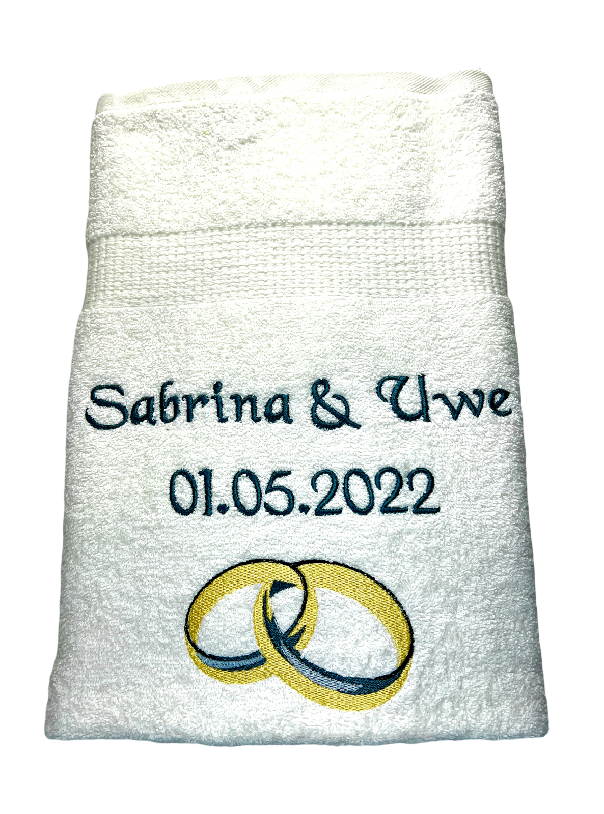 Hochzeits-Handtuch mit Namen, Datum und Eheringen, Sauna, Wellness, Duschtuch,