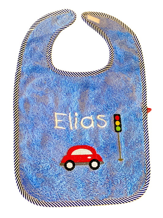 Lätzchen bestickt mit Auto, Ampel und Name, Geschenk fürs Baby
