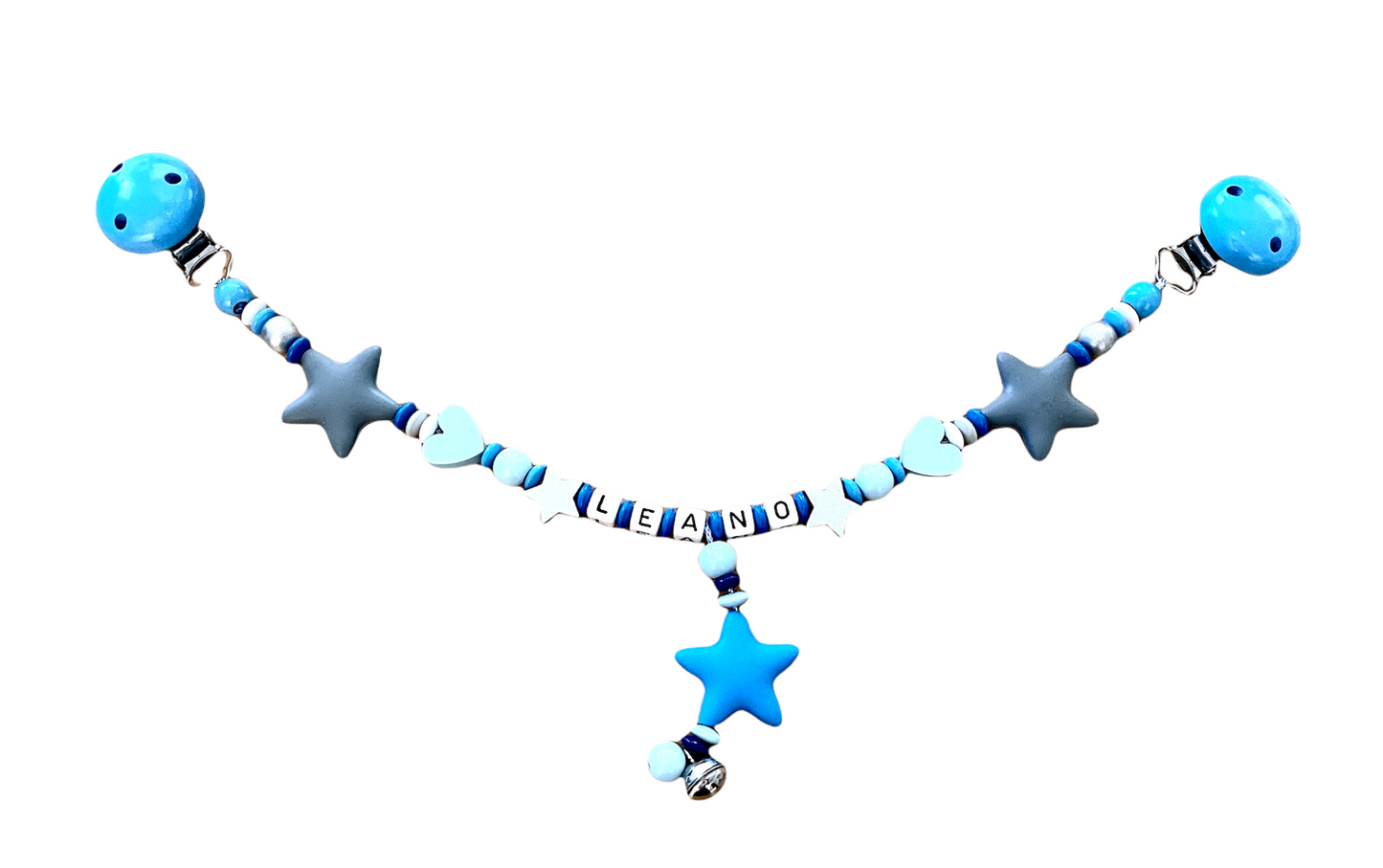 Kinderwagenkette mit Name, Geschenk zur Geburt, Holz, Glöckchen und Sterne