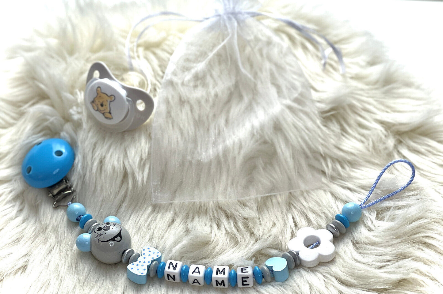 Schnullerkette mit Namen, Maus und Blume, Holz, Geschenk fürs Baby zur Geburt