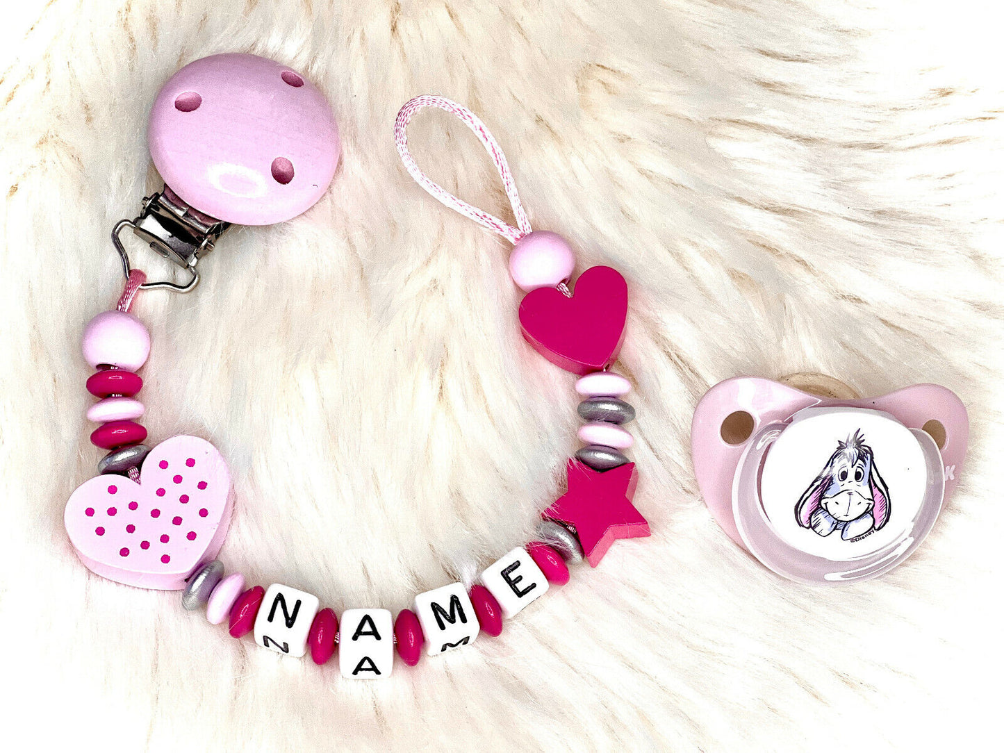 Schnullerkette mit Namen, Herzen und Stern, Geschenk fürs Baby zur Geburt