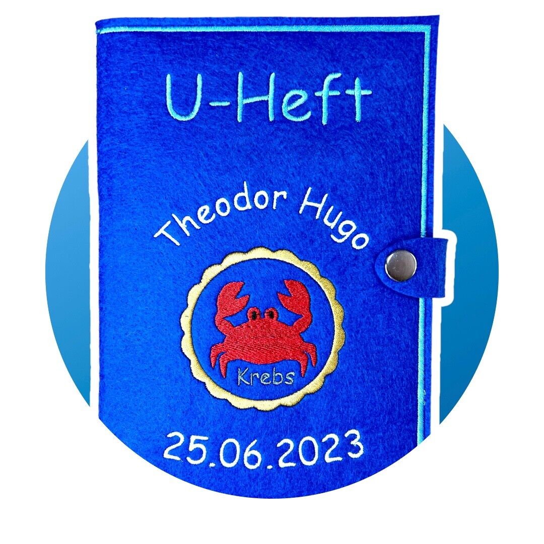 U-Heft-Hülle personalisiert, bestickt mit Sternzeichen, Name und Geburtsdatum