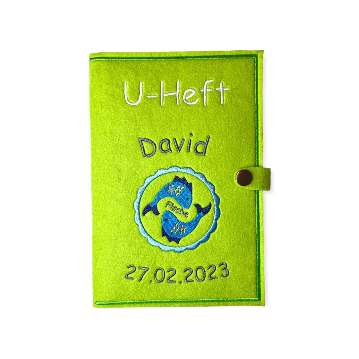 U-Heft-Hülle personalisiert, bestickt mit Sternzeichen, Name und Geburtsdatum