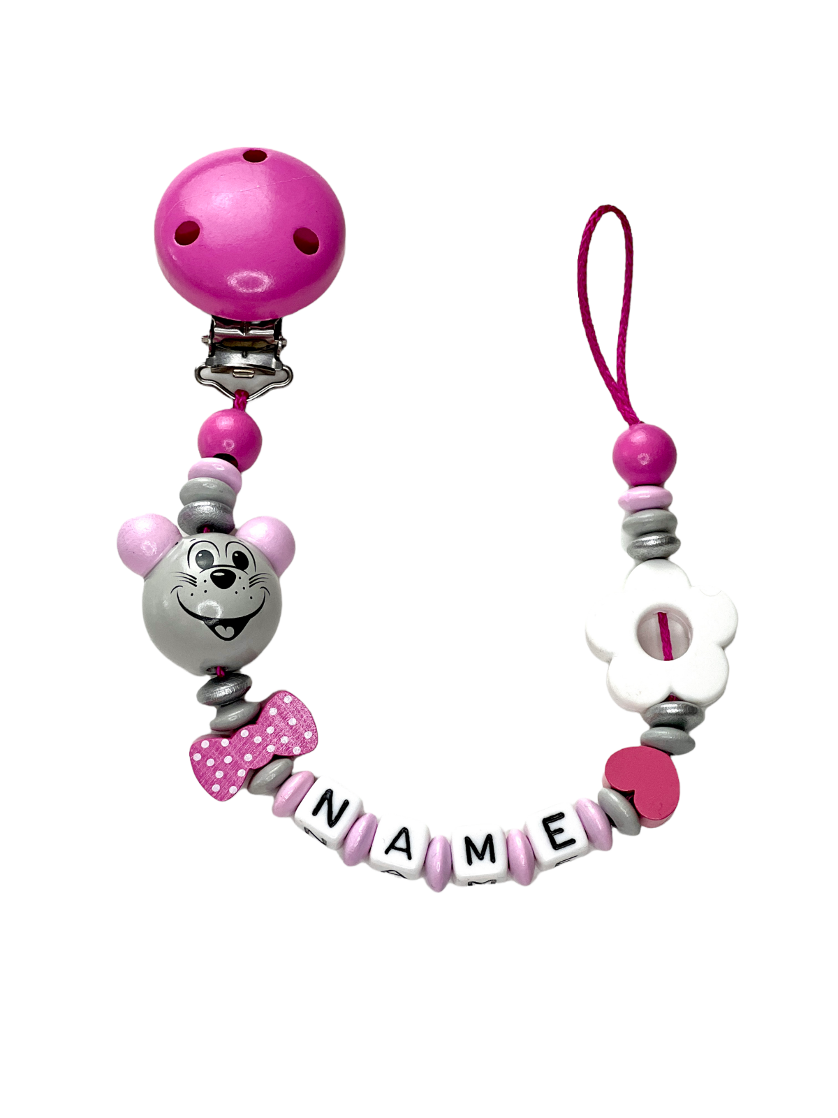 Schnullerkette mit Namen, Maus und Blume, Holz, Geschenk fürs Baby zur Geburt