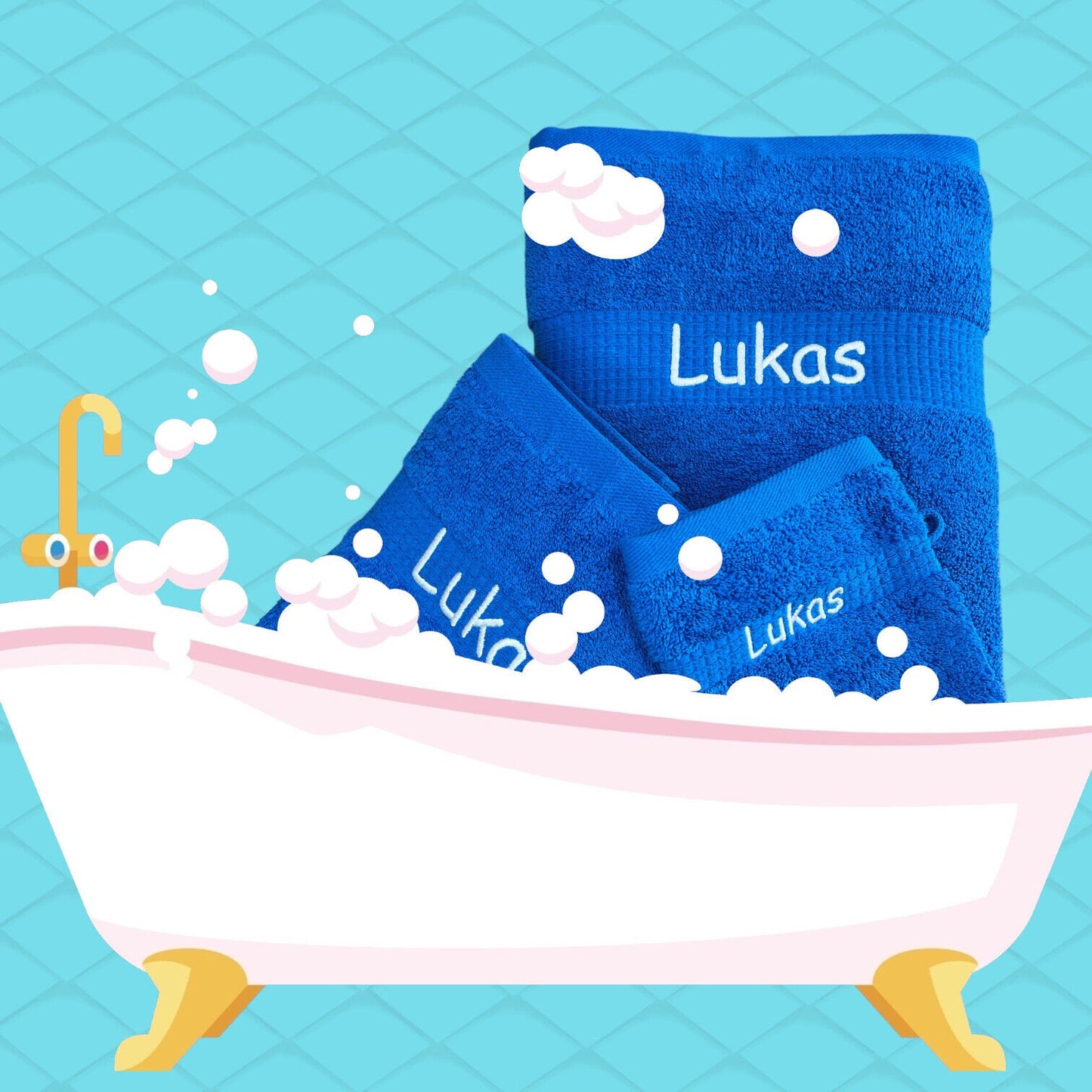 Handtuch Set mit Name auf Bordüre bestickt, Duschhandtuch, Gästehandtuch, Sauna