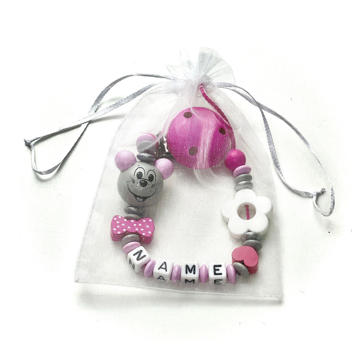 Schnullerkette mit Namen, Maus und Blume, Holz, Geschenk fürs Baby zur Geburt