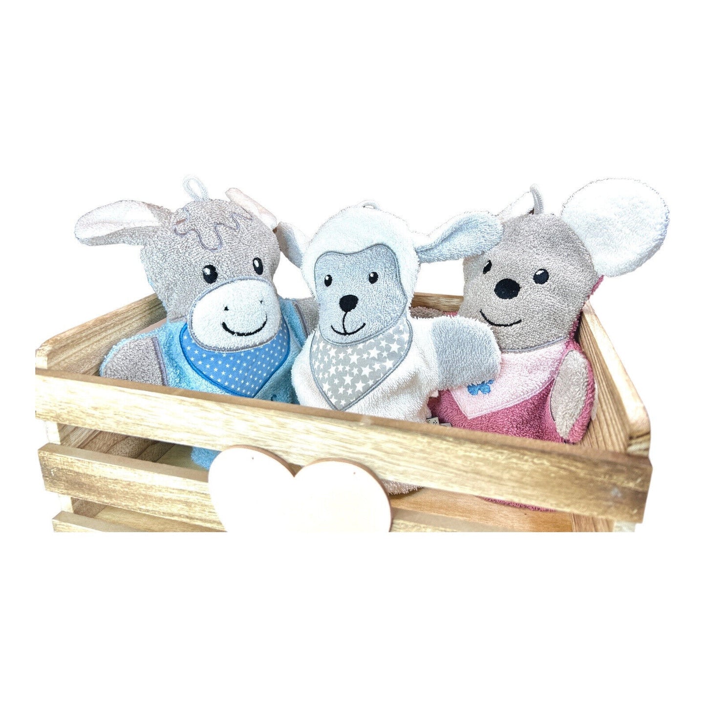 Spiel-Waschhandschuh mit Name, Emmi Esel, Mabel Maus, Schaf Flocke, Pferd Sunny, Sterntaler