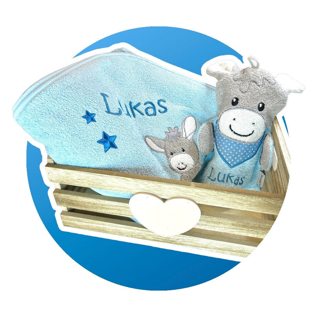 Kapuzenhandtuch 100x100cm und/oder Waschhandschuh mit Name aufgestickt Emmi Esel Sterntaler