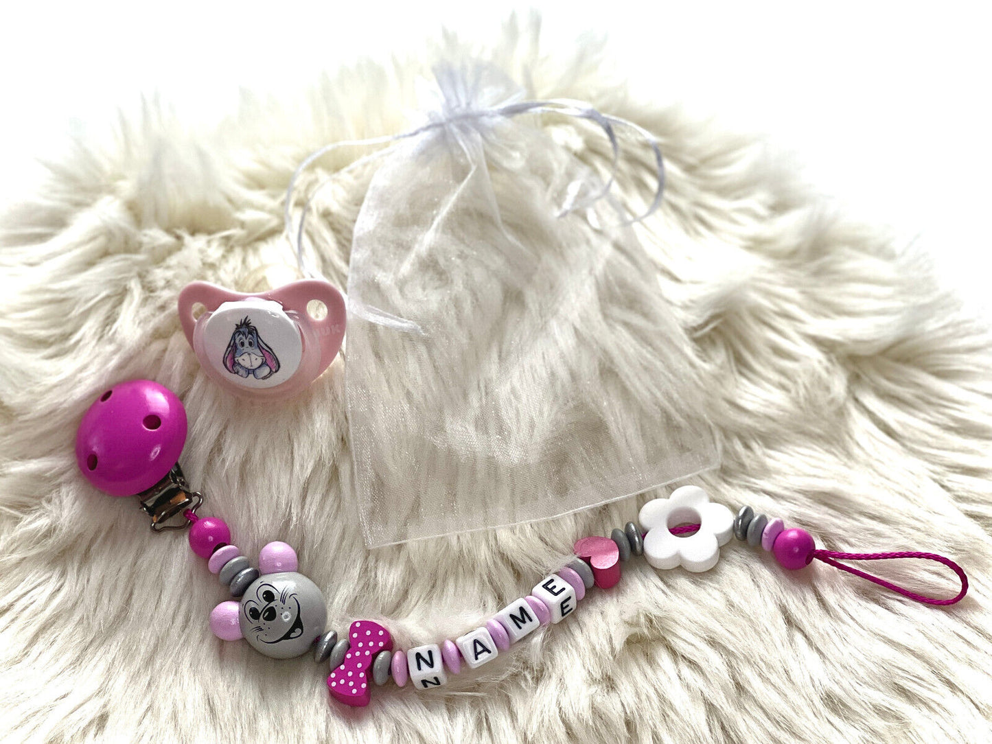 Schnullerkette mit Namen, Maus und Blume, Holz, Geschenk fürs Baby zur Geburt