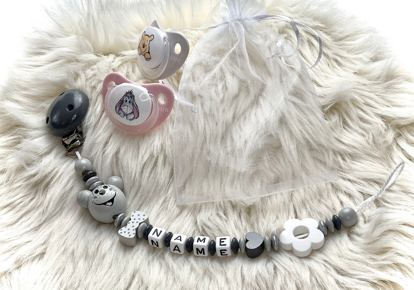Schnullerkette mit Namen, Maus und Blume, Holz, Geschenk fürs Baby zur Geburt
