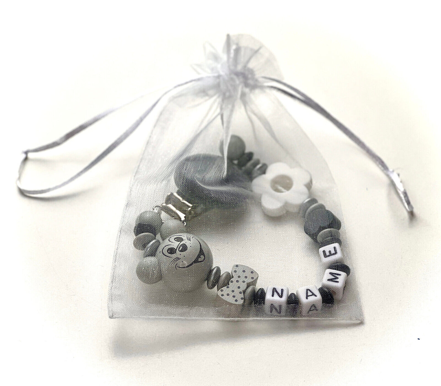 Schnullerkette mit Namen, Maus und Blume, Holz, Geschenk fürs Baby zur Geburt