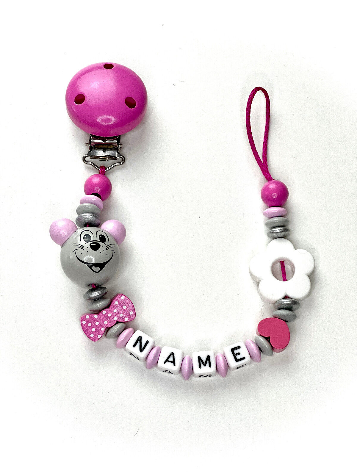 Schnullerkette mit Namen, Maus und Blume, Holz, Geschenk fürs Baby zur Geburt