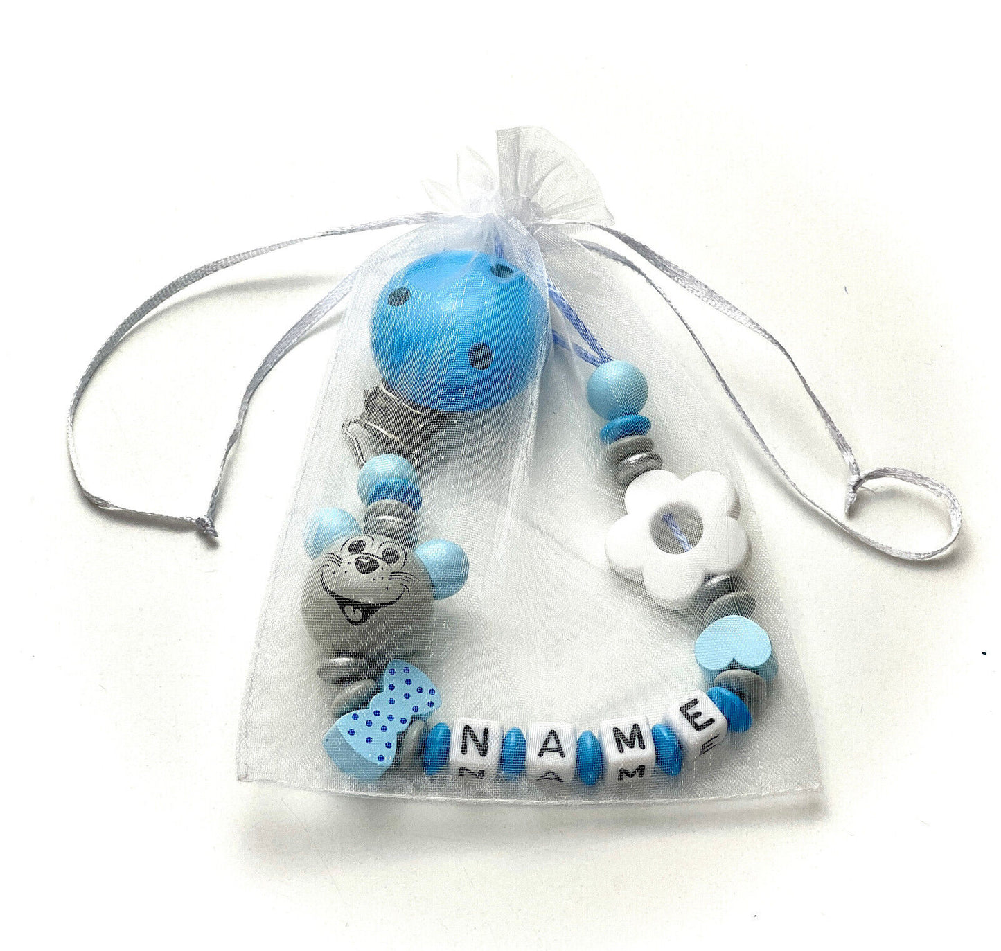 Schnullerkette mit Namen, Maus und Blume, Holz, Geschenk fürs Baby zur Geburt