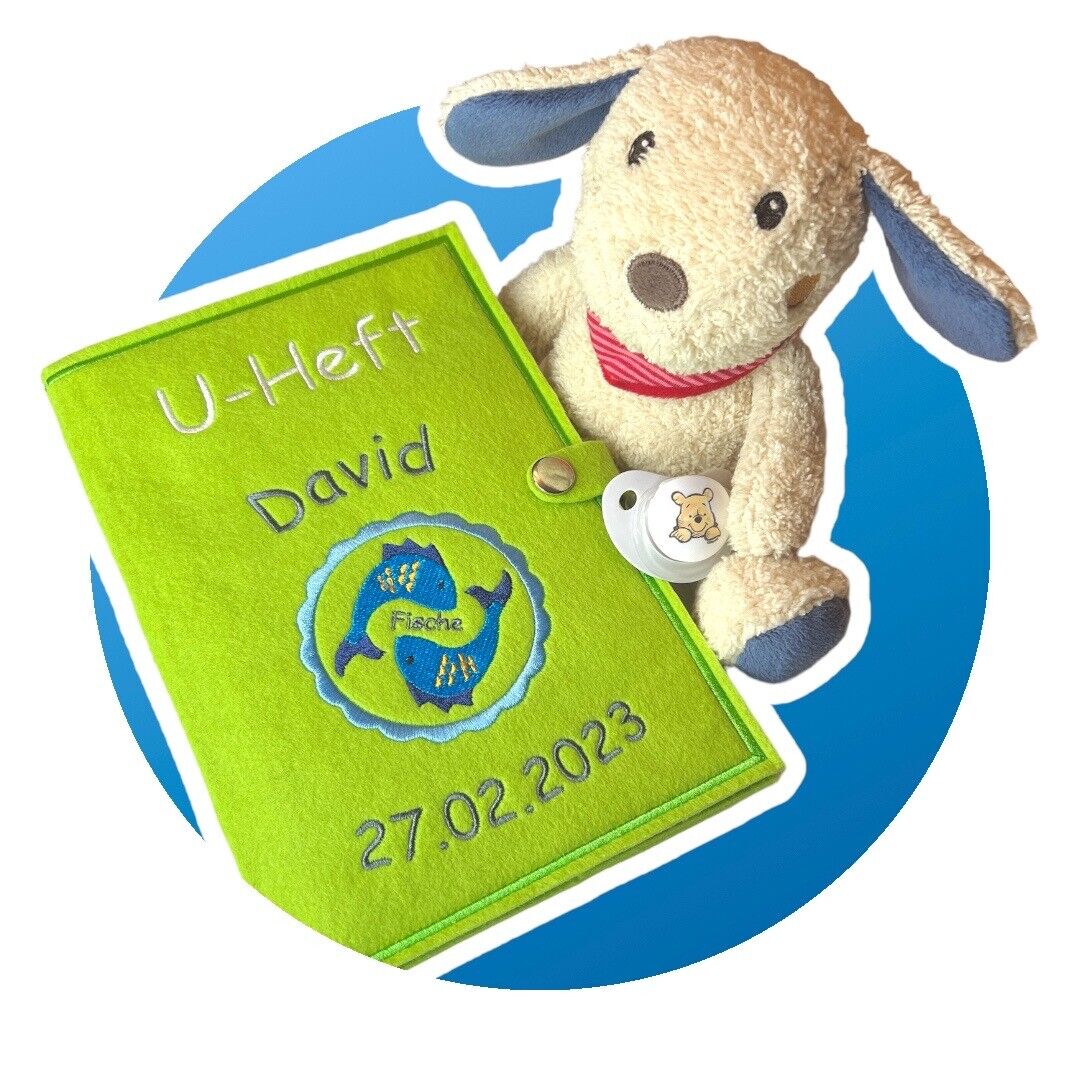 U-Heft-Hülle personalisiert, bestickt mit Sternzeichen, Name und Geburtsdatum