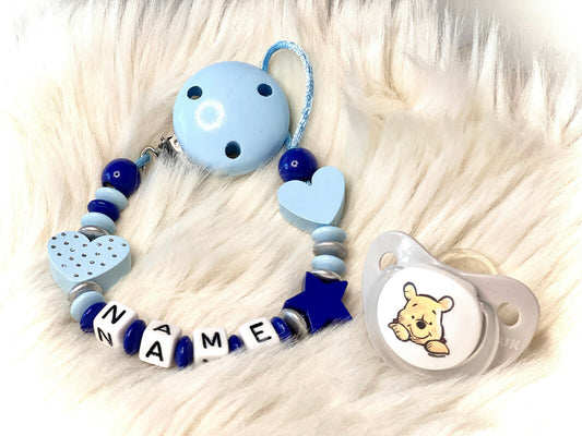 Schnullerkette mit Namen, Herzen und Stern, Geschenk fürs Baby zur Geburt