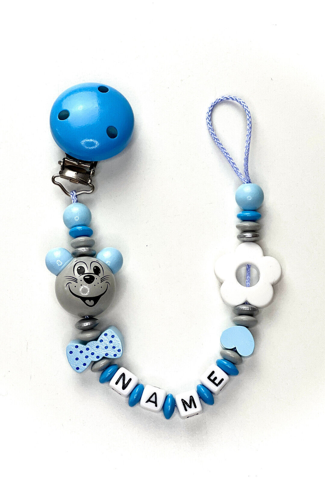 Schnullerkette mit Namen, Maus und Blume, Holz, Geschenk fürs Baby zur Geburt