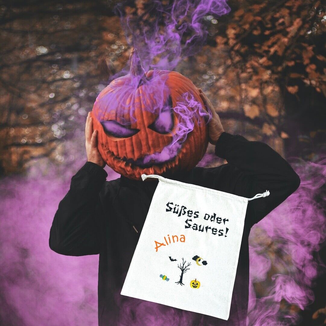 Halloween Sammeltasche Baumwollbeutel bedruckt mit Wunschtext, für Süßes, Baum