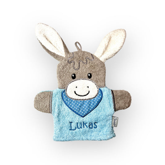 Spiel-Waschhandschuh mit Name, Emmi Esel, Mabel Maus, Schaf Flocke, Pferd Sunny, Sterntaler