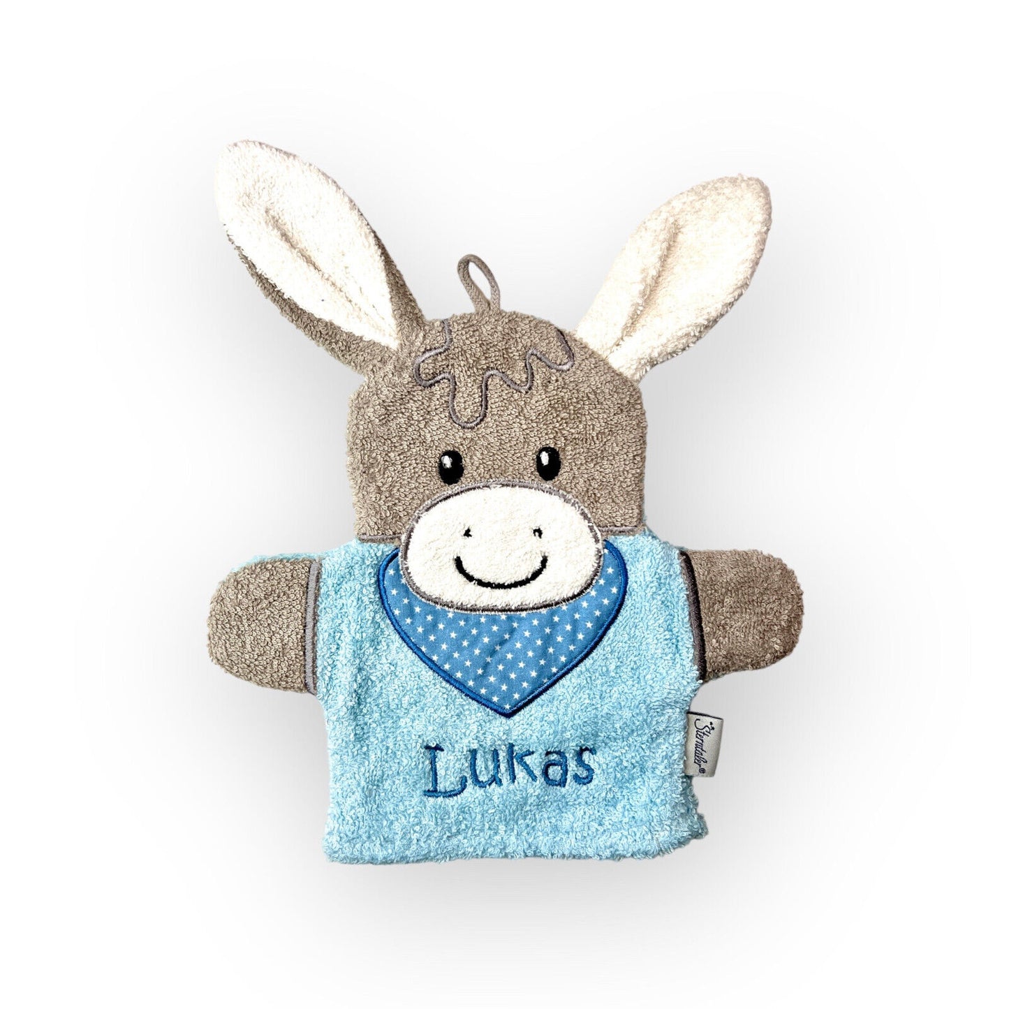 Kapuzenhandtuch 100x100cm und/oder Waschhandschuh mit Name aufgestickt Emmi Esel Sterntaler