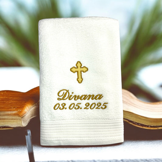 Kreuz Handtuch mit Name und Datum, Sauna, Wellness, Duschtuch, Taufe