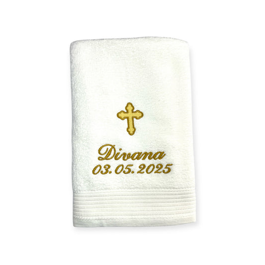 Kreuz Handtuch mit Name und Datum, Sauna, Wellness, Duschtuch, Taufe