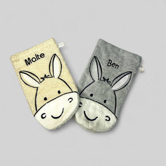 Personalisierter Kinder-Waschhandschuh, 15 x 20 cm, Baumwolle Frottee mit Esel-Motiv, Beige oder grau