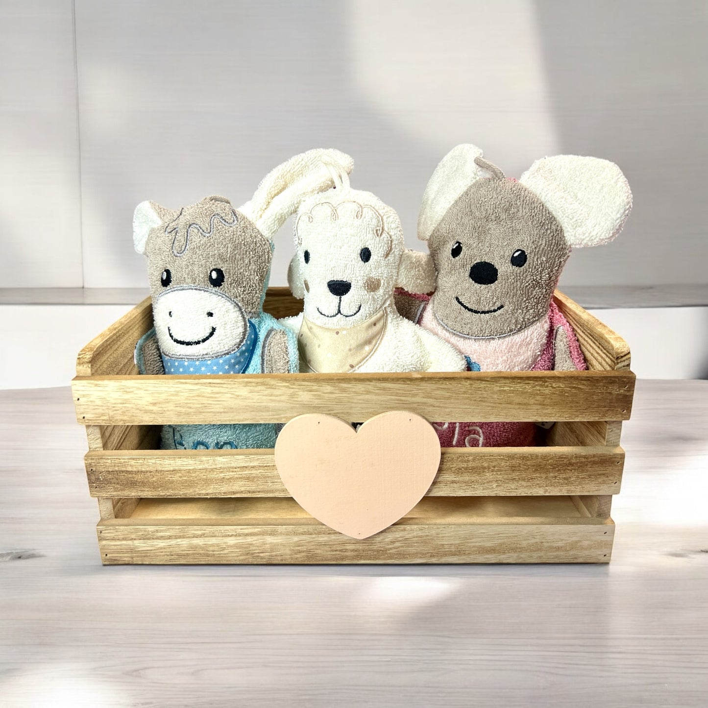 Spiel-Waschhandschuh mit Name, Emmi Esel, Mabel Maus, Schaf Flocke, Pferd Sunny, Sterntaler