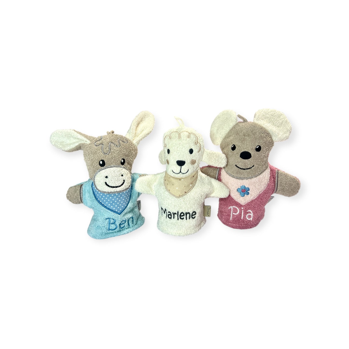 Spiel-Waschhandschuh mit Name, Emmi Esel, Mabel Maus, Schaf Flocke, Pferd Sunny, Sterntaler