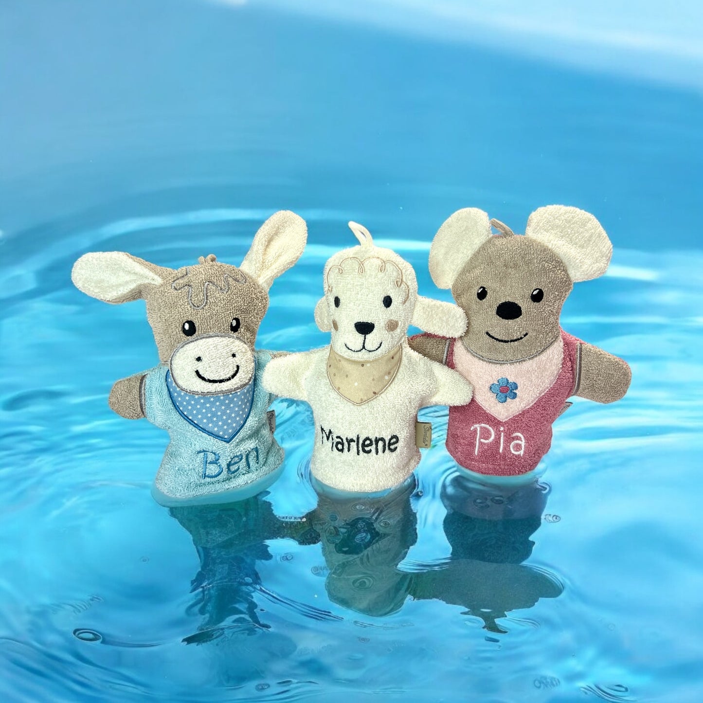 Spiel-Waschhandschuh mit Name, Emmi Esel, Mabel Maus, Schaf Flocke, Pferd Sunny, Sterntaler