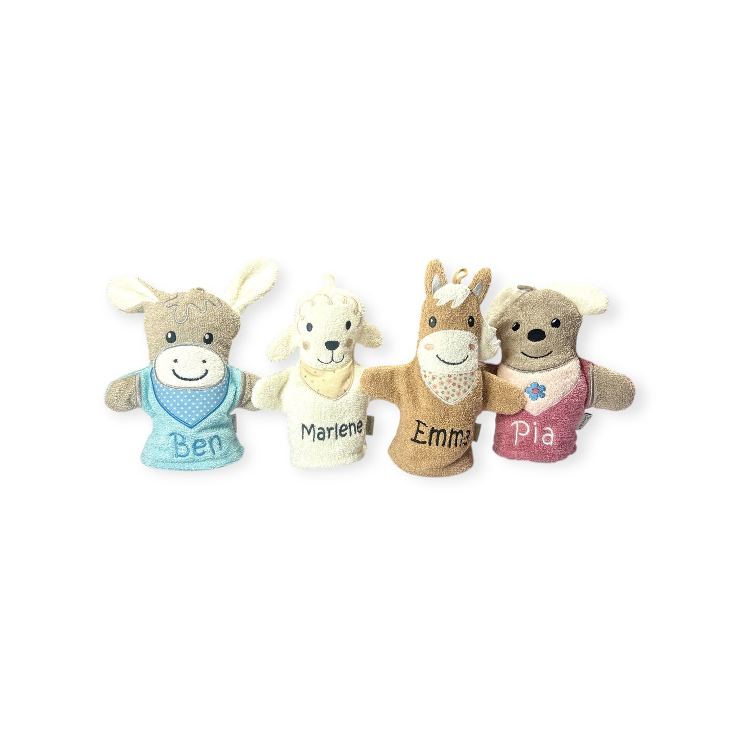 Spiel-Waschhandschuh mit Name, Emmi Esel, Mabel Maus, Schaf Flocke, Pferd Sunny, Sterntaler