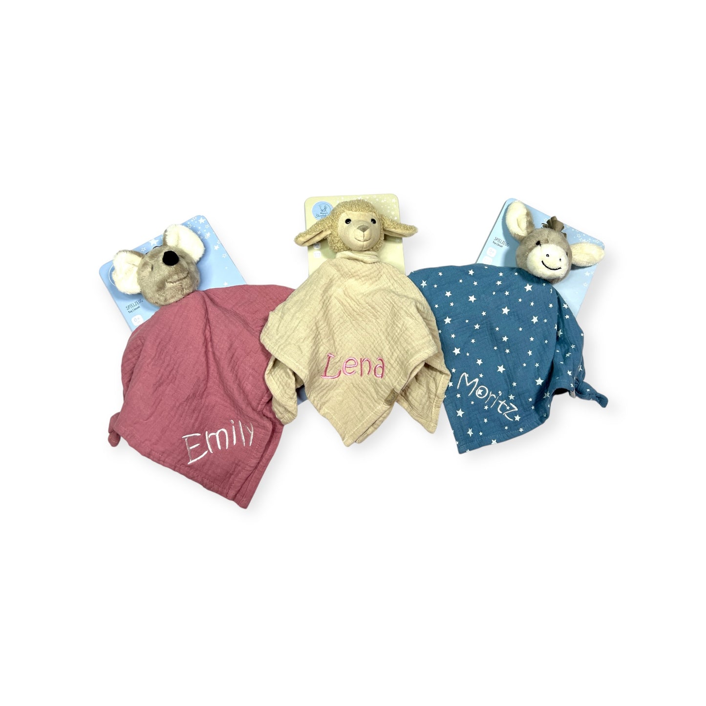 Schmusetuch mit Name Esel Emmi in Mittelblau, 36 cm Supersoftes Musselin Schnuffeltuch Esel mit Knotendetails, Sterntaler