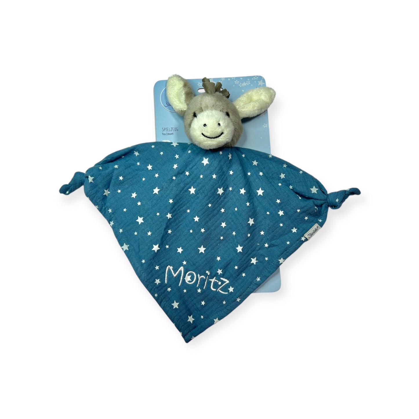 Schmusetuch mit Name Esel Emmi in Mittelblau, 36 cm Supersoftes Musselin Schnuffeltuch Esel mit Knotendetails, Sterntaler