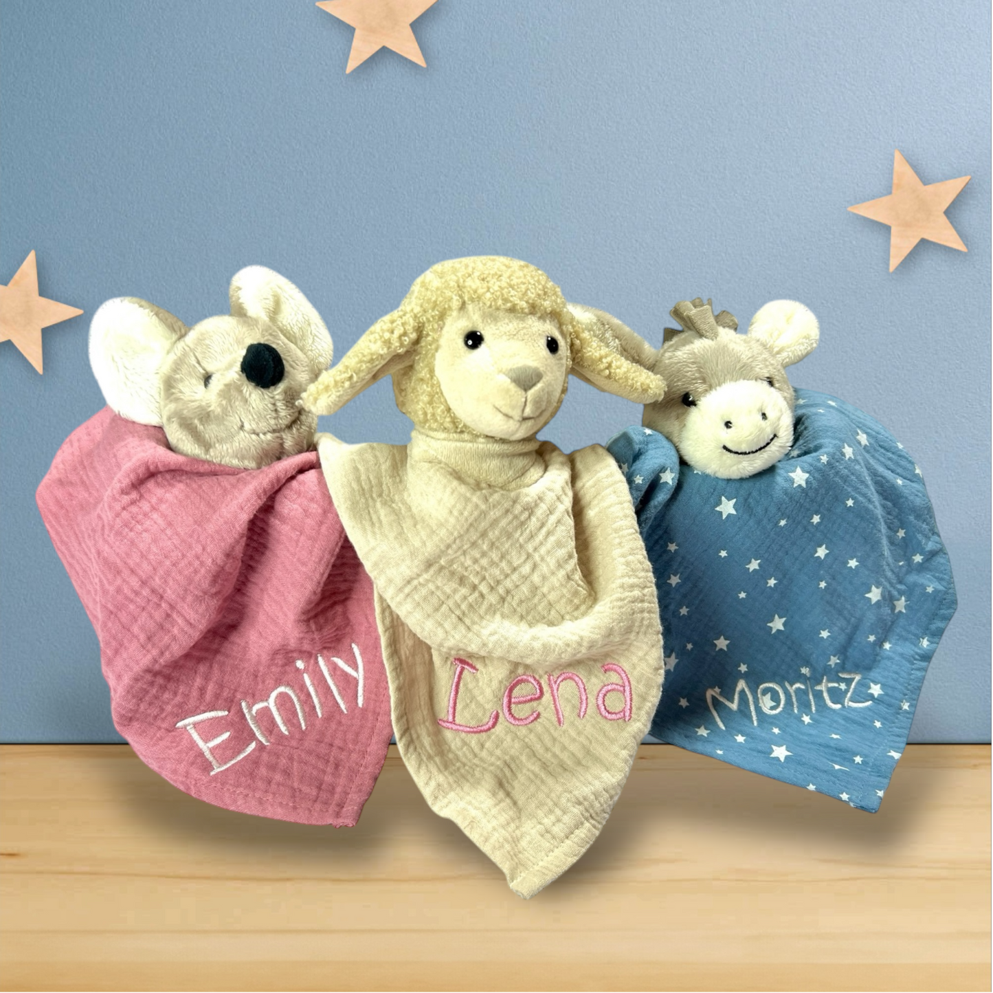 Schmusetuch mit Name Esel Emmi in Mittelblau, 36 cm Supersoftes Musselin Schnuffeltuch Esel mit Knotendetails, Sterntaler