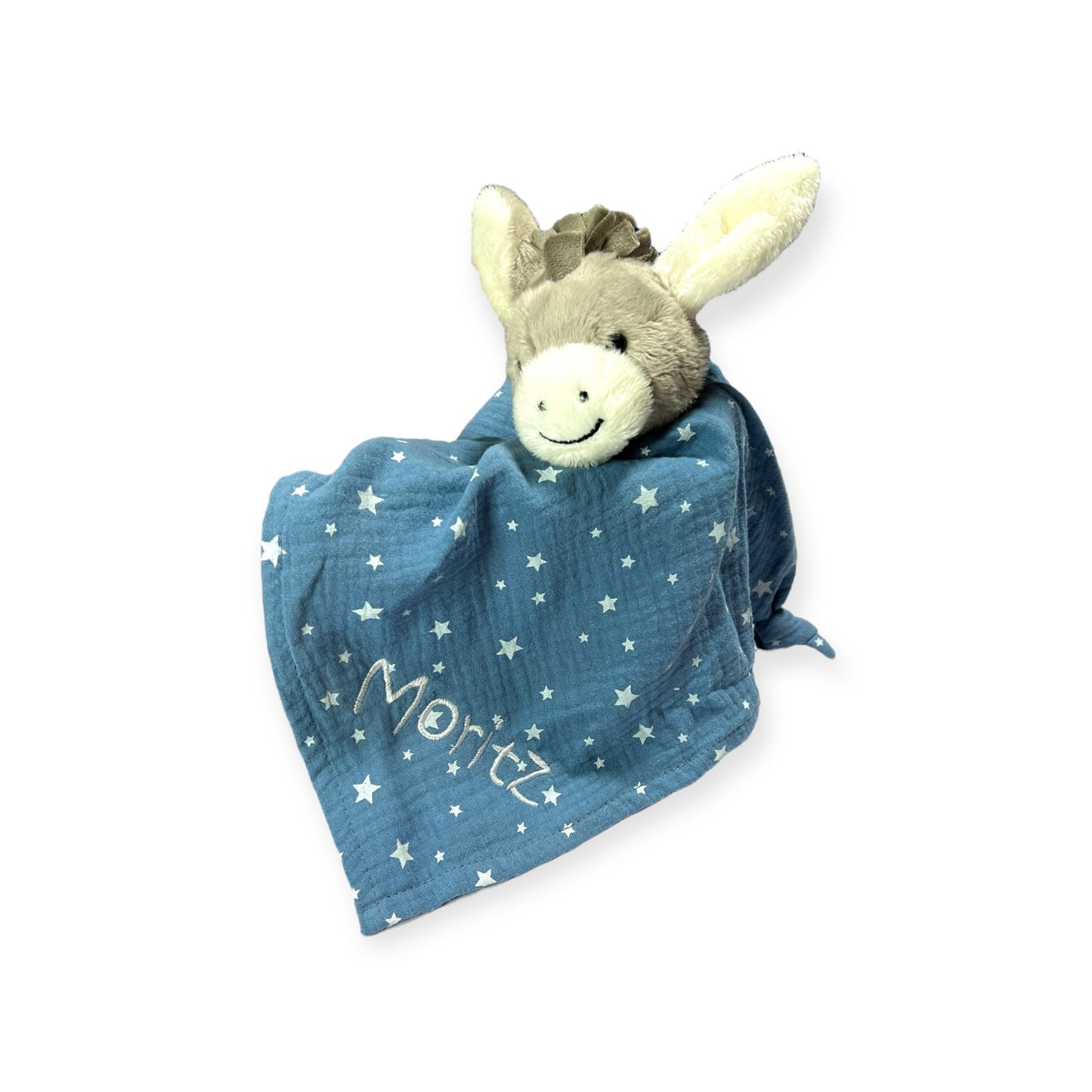 Schmusetuch mit Name Esel Emmi in Mittelblau, 36 cm Supersoftes Musselin Schnuffeltuch Esel mit Knotendetails, Sterntaler