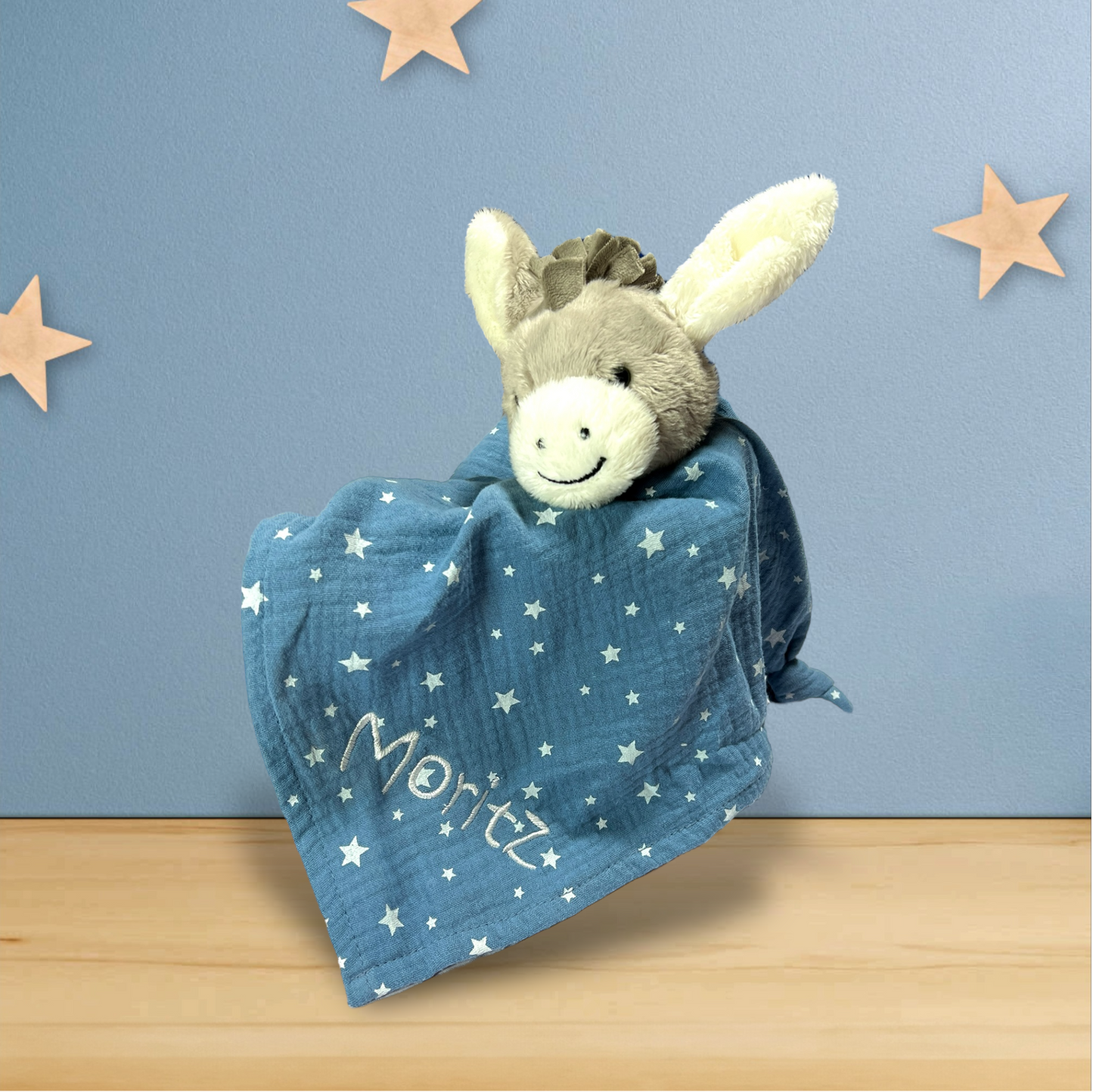 Schmusetuch mit Name Esel Emmi in Mittelblau, 36 cm Supersoftes Musselin Schnuffeltuch Esel mit Knotendetails, Sterntaler