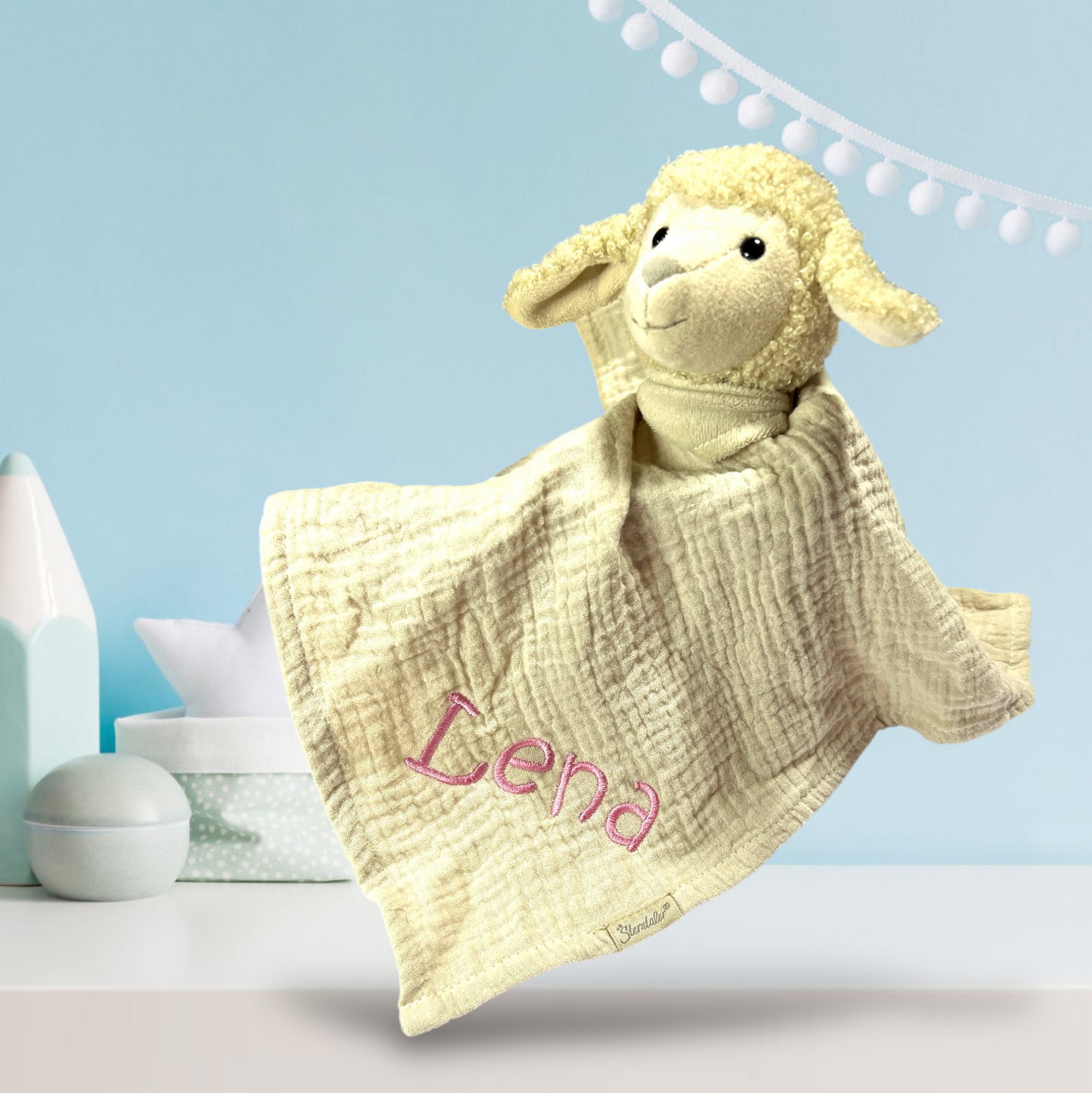 Schmusetuch mit Name Schaf Flocke in beige, 34cm, Sterntaler