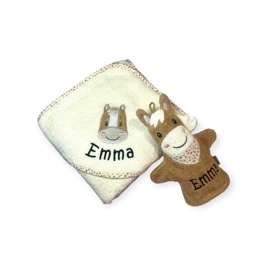 Sterntaler Geschenk-Set Pferd Sunny, Latz, Kapuzenhandtuch und Spielwaschhandschuh mit Namen personalisiert