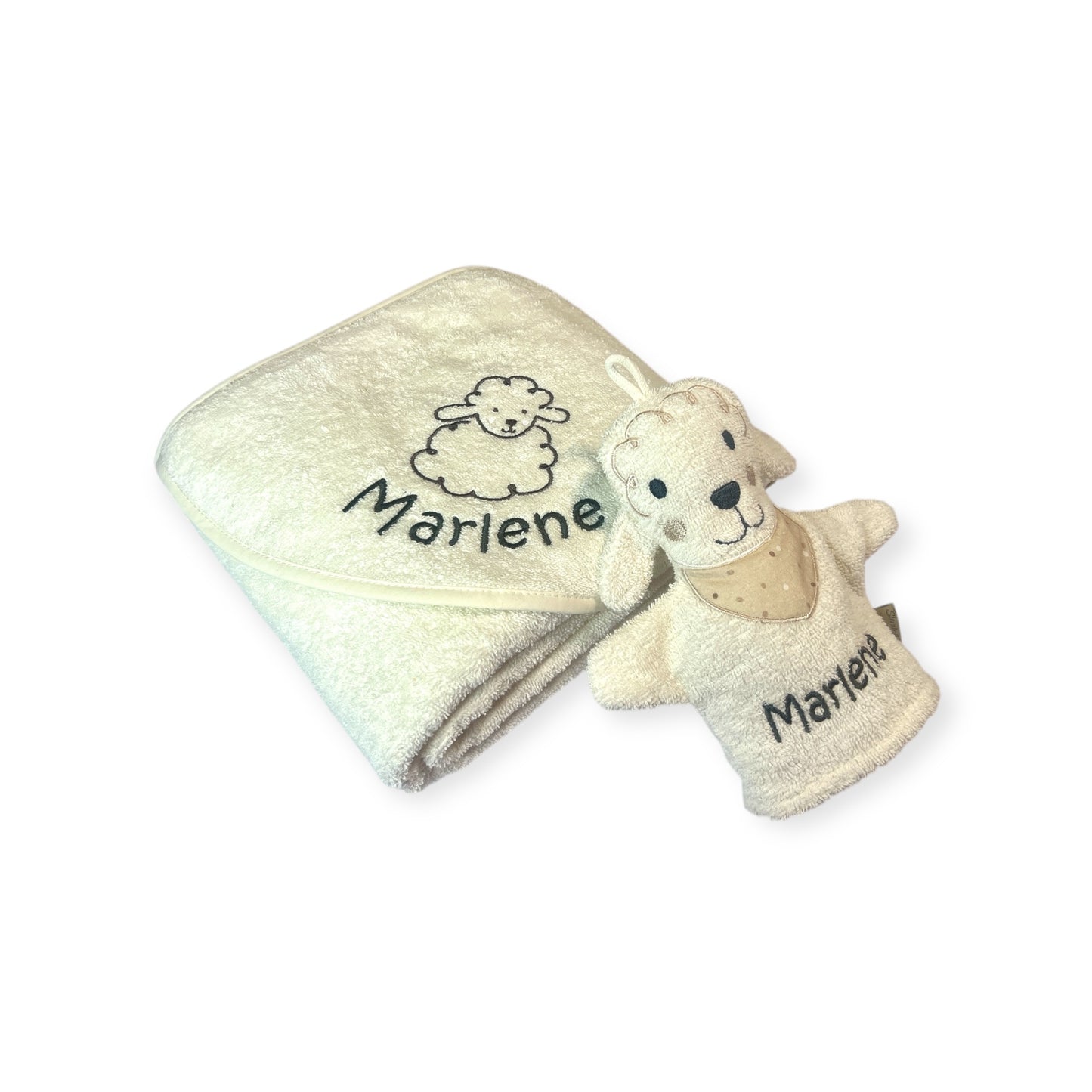 Sterntaler Geschenk-Set Schaf Flocke, Latz, Kapuzenhandtuch und Spielwaschhandschuh mit Namen personalisiert