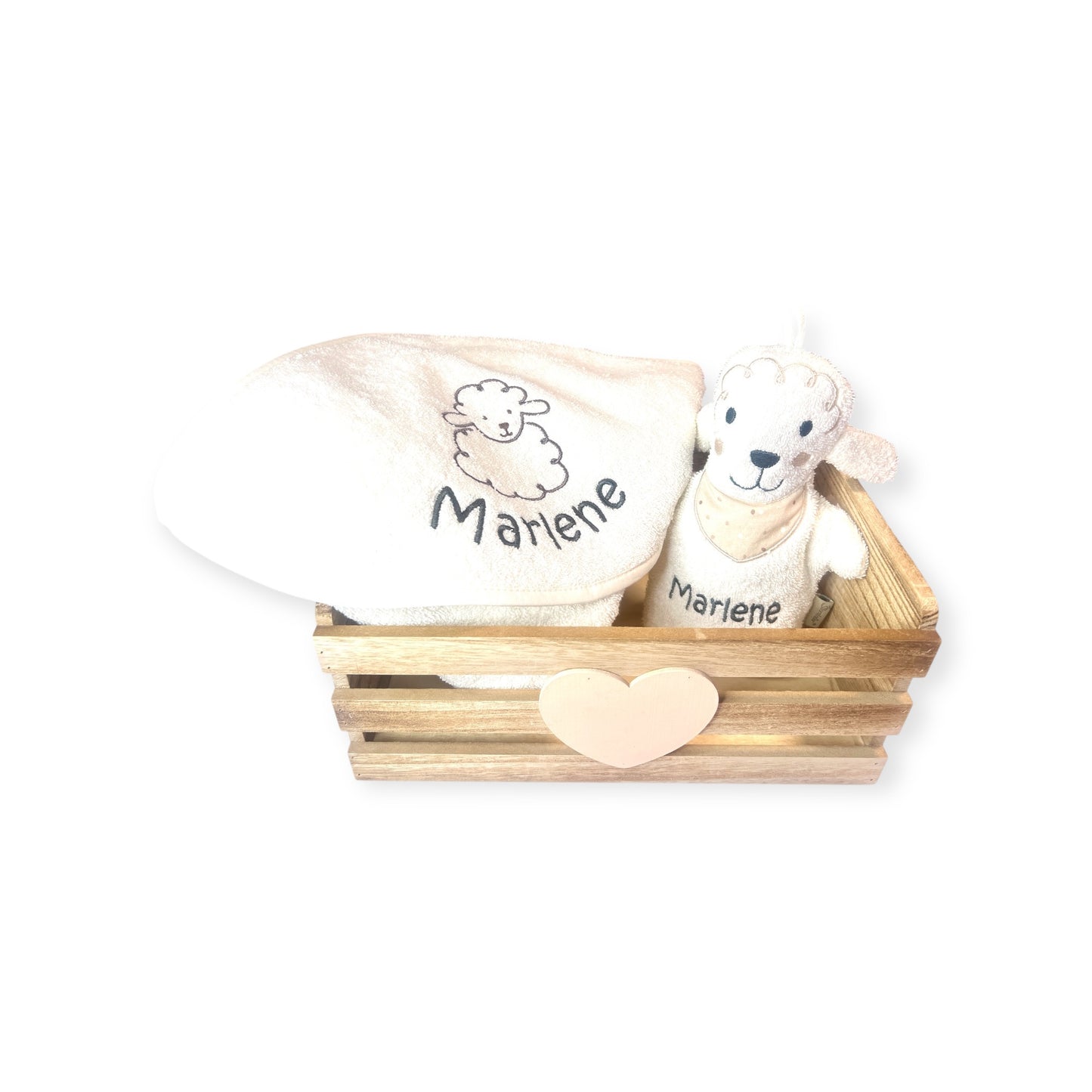 Sterntaler Geschenk-Set Schaf Flocke, Latz, Kapuzenhandtuch und Spielwaschhandschuh mit Namen personalisiert