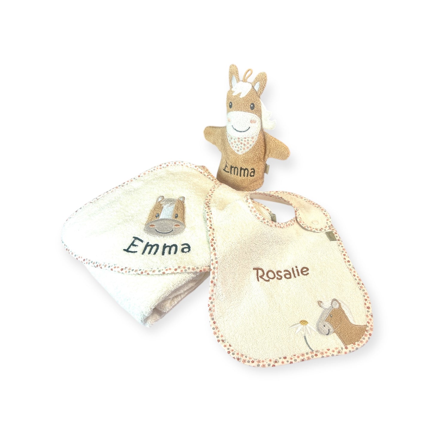 Sterntaler Geschenk-Set Pferd Sunny, Latz, Kapuzenhandtuch und Spielwaschhandschuh mit Namen personalisiert