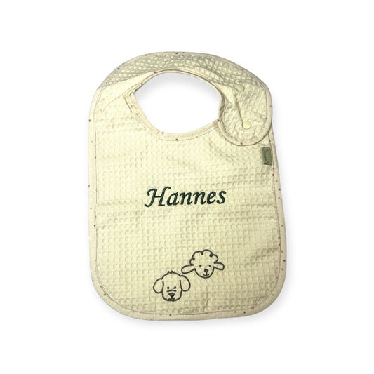 Lätzchen mit Name, Druckknopf Bauernhof Lätzchen aus Baumwolle mit wasserundurchlässiger Rückseite in ecru, Sterntaler