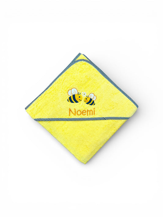 Gelbes Kapuzenhandtuch mit Name und Bienen-Motiv bestickt 100x100 cm, Baby Geschenk