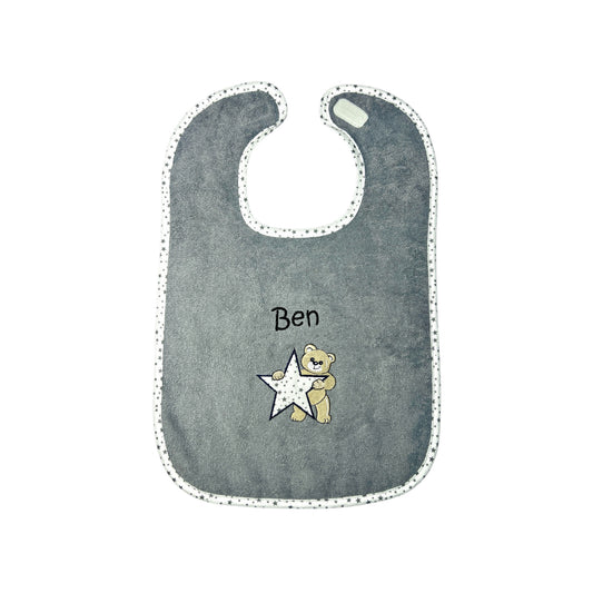 Wörner Riesen Latz - Teddy mit Stern, grau, personalisiertes Baby Lätzchen mit Namen – Extra großer Frottier Esslatz 30x45 cm – besticktes Klettlätzchen – Baby Geschenk