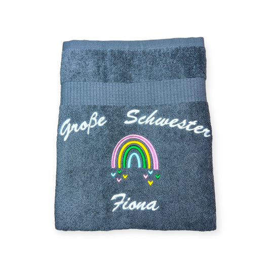Große Schwester/Bruder Handtuch mit Name, Regenbogen, Duschtuch, Geschenk