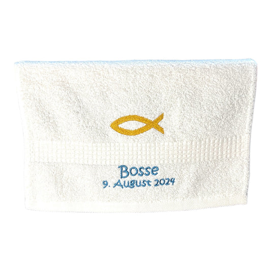 Fisch Ichthys Handtuch mit Name und Datum, Sauna, Wellness, Duschtuch, Taufe