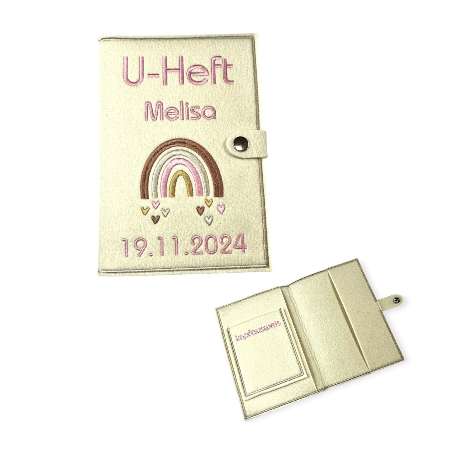U-Heft Hülle mit Name und Geburtsdatum, Regenbogen, Geschenk fürs Baby
