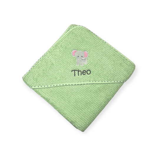 Kapuzenhandtuch mit Name und Elefant, Bio-Baumwolle für's Baby oder Kleinkind