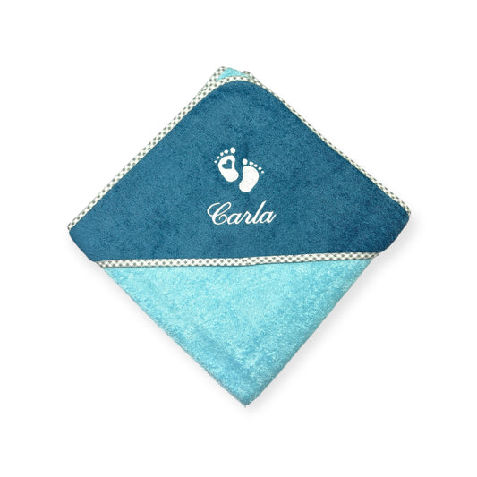 Kapuzenhandtuch Babyfüße 80x80cm oder 100x100cm mit Name bestickt, Geschenk zur Geburt, fürs Baby